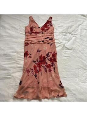 Papell pink floral silk midi dress with ruched waist detail and beading Size 12